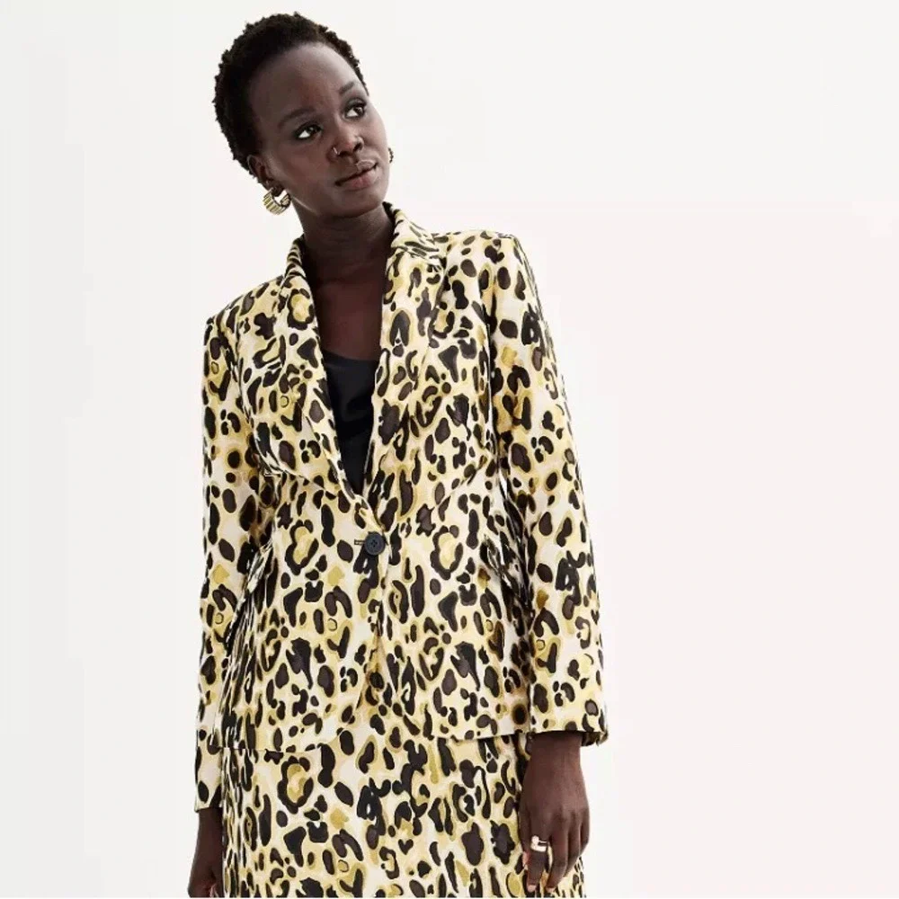 Nine West Women's Medium Blazer Gold Leopard Print Metallic Jacquard Safari NEW